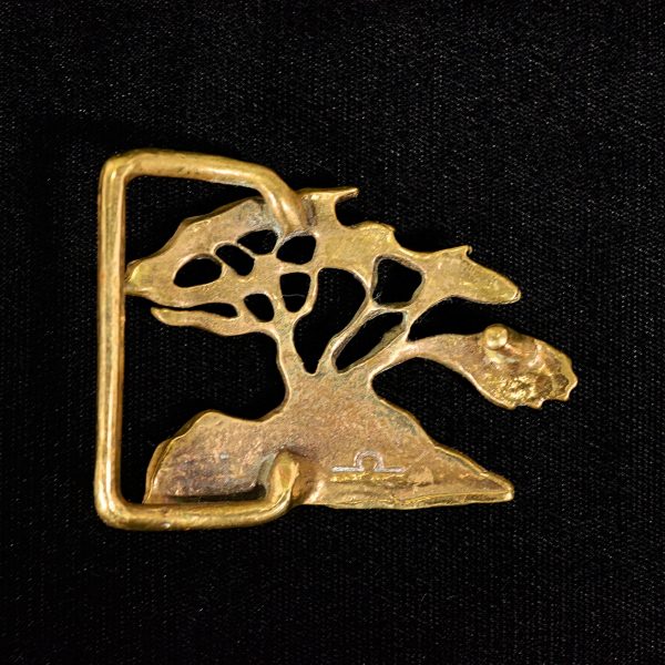 Vintage 70s Solid Brass Brutalist Belt Buckle, Acacia Tree of Life, Signed Omega Sale