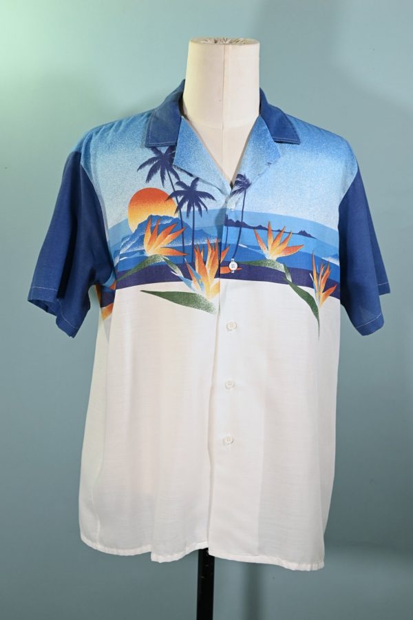 Oceanaire Vintage 70s Hawaiian Shirt, Bird of Paradise Palm Trees Sun Silhouette Aloha Shirt XL For Sale