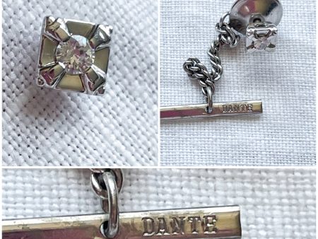 Vintage MCM Silver Tone Tie Tack w Faux Diamond & Chain, by Dante For Discount