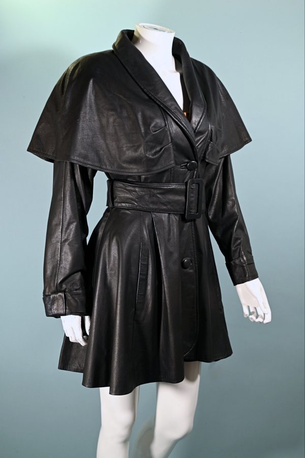 SOLD Pelle Studio Vintage Black Leather Coat with Capelet, Wasp Waist Fit & Flare S Fashion