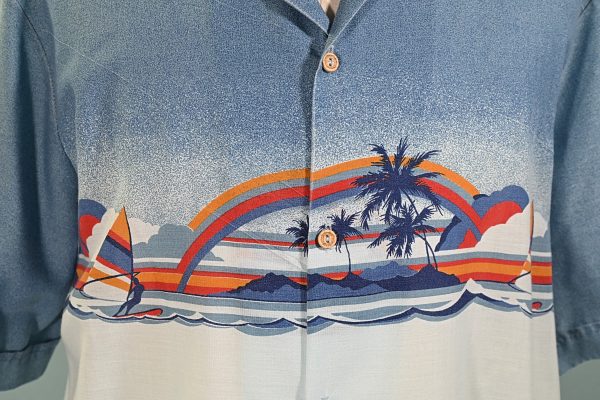 PJ Hawaii Vintage 70s Silhouette Aloha Shirt, Surfing Sailing Rainbows, Pictorial Hawaiian Shirt XL Online Hot Sale