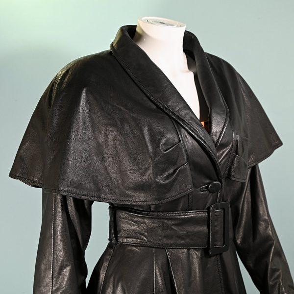 SOLD Pelle Studio Vintage Black Leather Coat with Capelet, Wasp Waist Fit & Flare S Fashion