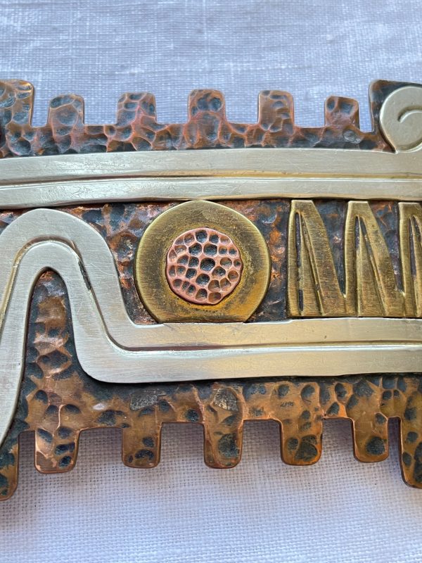 Vintage Maya Mexico Belt Buckle, Hammered Copper Mixed Metal Buckle Fashion