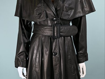 SOLD Pelle Studio Vintage Black Leather Coat with Capelet, Wasp Waist Fit & Flare S Fashion