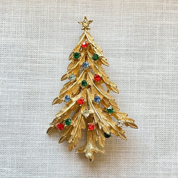 Vintage MCM Christmas Tree Brooch, Gold Tone Costume Jewelry w Rhinestones by ART Hot on Sale