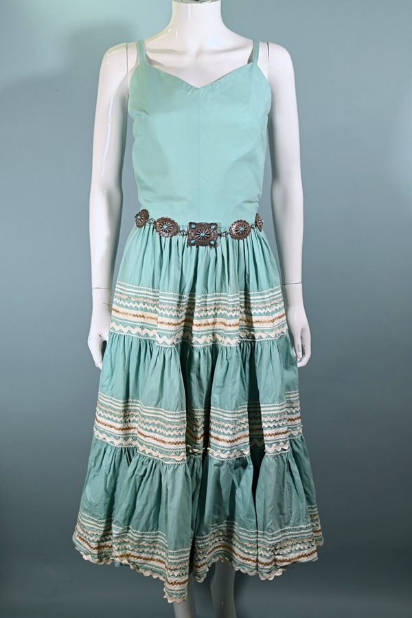 Vintage 50s Aqua Southwestern Patio Dress, Western Rockabilly Dress, Full Sweep Skirt XS For Cheap