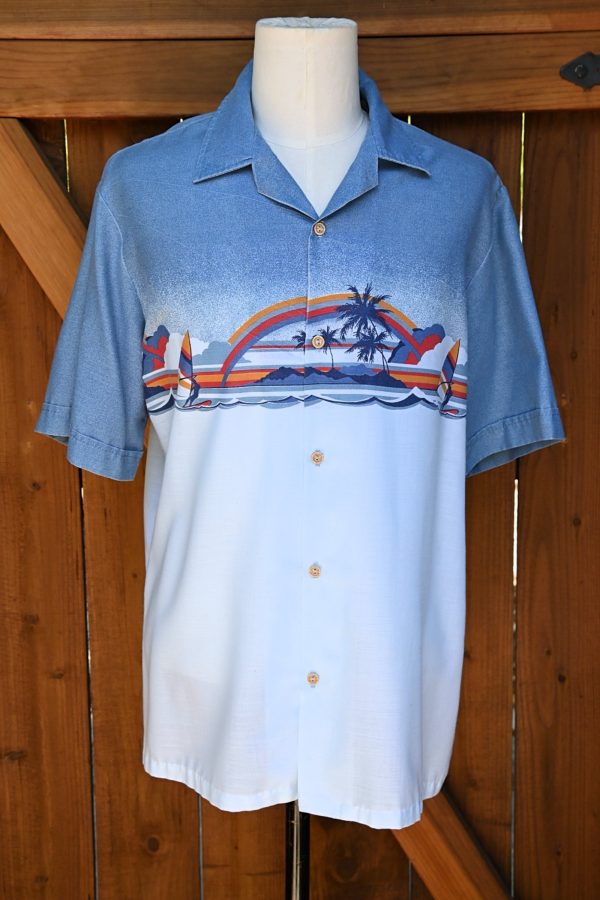 PJ Hawaii Vintage 70s Silhouette Aloha Shirt, Surfing Sailing Rainbows, Pictorial Hawaiian Shirt XL Online Hot Sale