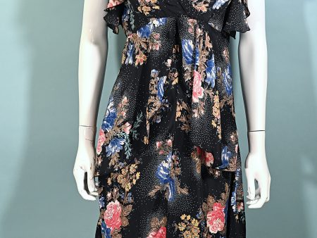 Vintage 70s Black Floral Dress Flutter Sleeves, Gypsy Boho Dress M For Sale