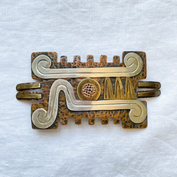 Vintage Maya Mexico Belt Buckle, Hammered Copper Mixed Metal Buckle Fashion