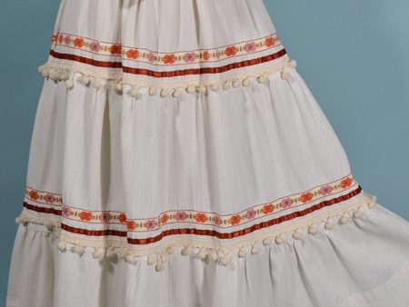 Vintage Festival Skirt, Ribbon + Pom Pom Trim, Boho Hippie Gypsy Skirt Hot on Sale