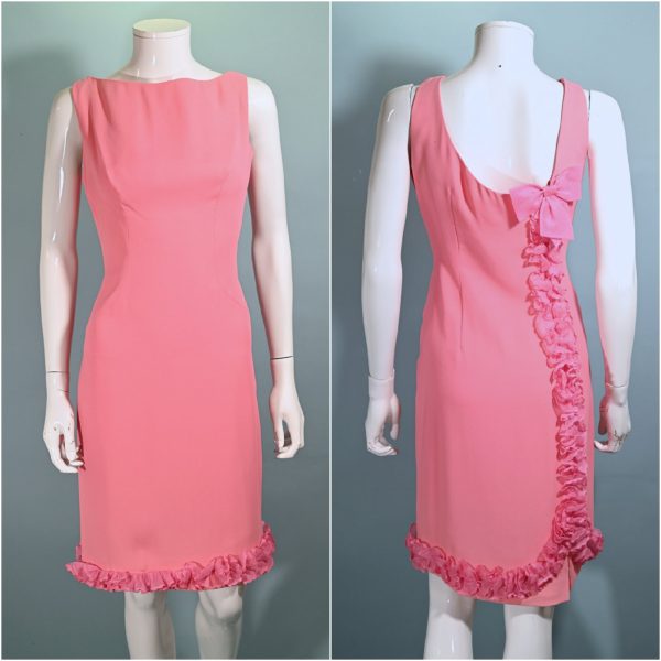 60s Pink Ruffle Wiggle Dress, 1960s Party Dress M For Discount