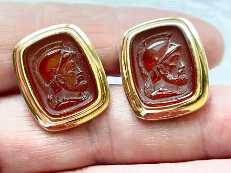 Vintage Intaglio Fashion Cufflinks, Warrior Resin Gold Toned MCM Cufflinks by Krementz Online now