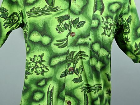 Vintage 60s Made in Hawaii Aloha Shirt, Green Gold Hula Girls Island Print S For Discount