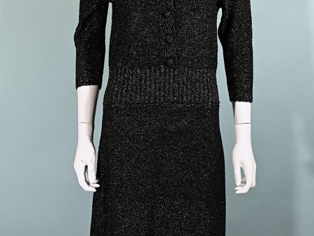 40s Black Gold Knit Sweater Dress,50s Black Boucle Knit Dress M Cheap