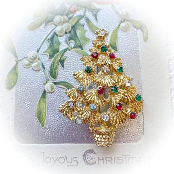 Vintage MCM Christmas Tree Brooch, Gold Tone Costume Jewelry by LJM Discount