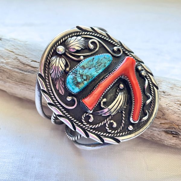 Vintage Sterling Silver Native American Bracelet, Turquoise Coral Statement Cuff Signed LJ Hot on Sale