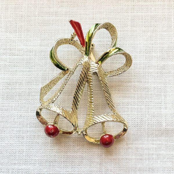 Vintage MCM Christmas Bells Brooch, Gold Tone Costume Jewelry by Gerrys Online