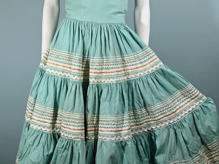 Vintage 50s Aqua Southwestern Patio Dress, Western Rockabilly Dress, Full Sweep Skirt XS For Cheap