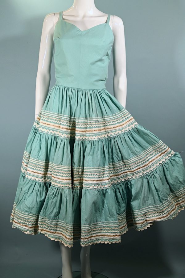 Vintage 50s Aqua Southwestern Patio Dress, Western Rockabilly Dress, Full Sweep Skirt XS For Cheap