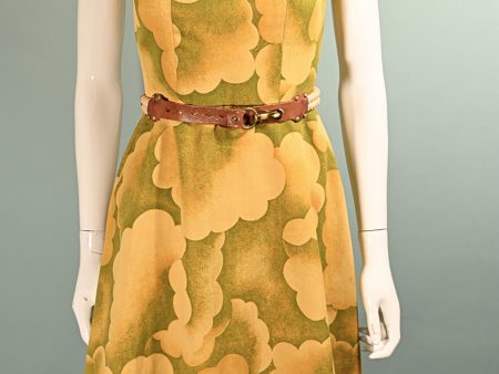 Vintage 60s Cloud Print Dress, 70s Sleeveless Summer Dress M For Sale