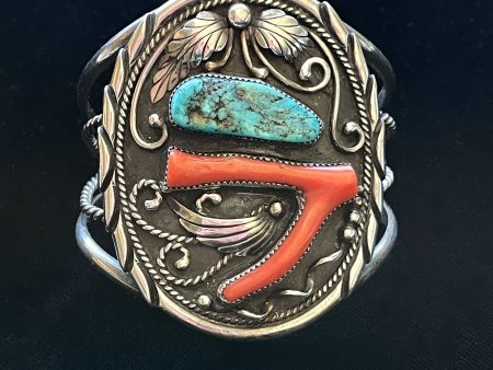 Vintage Sterling Silver Native American Bracelet, Turquoise Coral Statement Cuff Signed LJ Hot on Sale