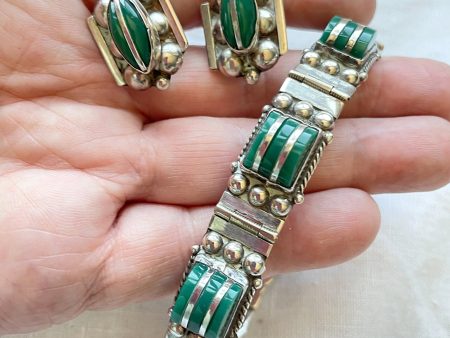 Vintage 40s Mexican Sterling Silver Green Onyx Bracelet & Earring Set, Mexican Silver Demi Parure Fashion