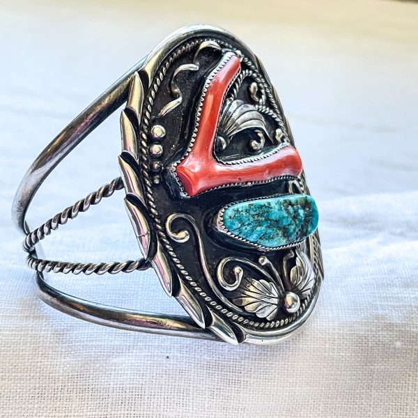 Vintage Sterling Silver Native American Bracelet, Turquoise Coral Statement Cuff Signed LJ Hot on Sale