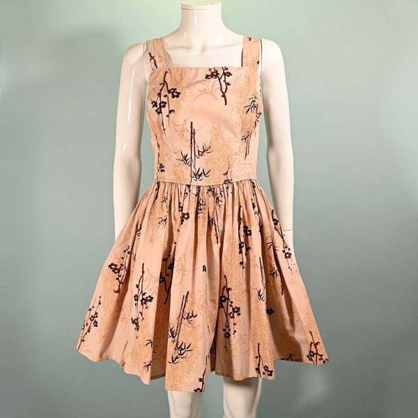 Vintage 50s Fit and Flare Asian Print Dress, Flowers Bamboo Print 1950s Rockabilly Dress S Online