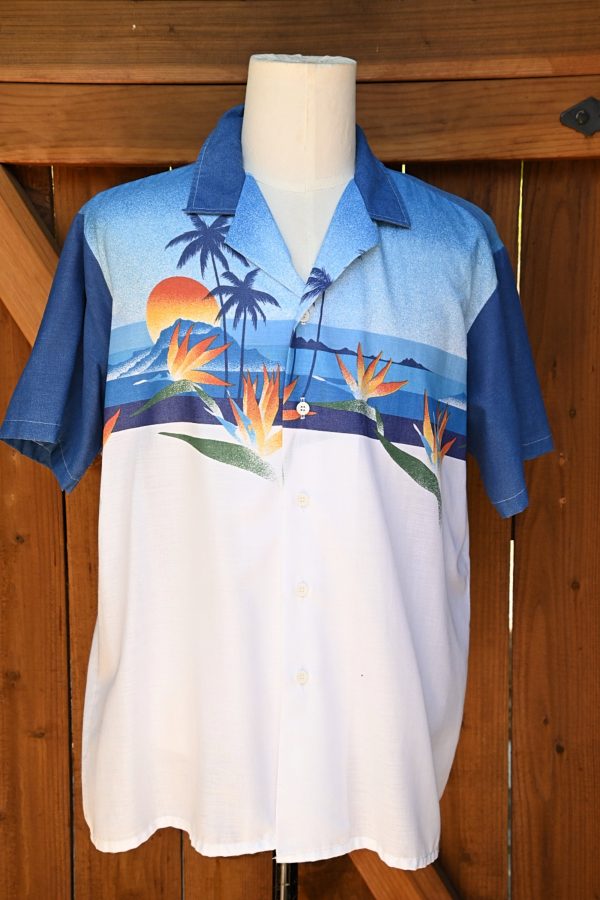 Oceanaire Vintage 70s Hawaiian Shirt, Bird of Paradise Palm Trees Sun Silhouette Aloha Shirt XL For Sale