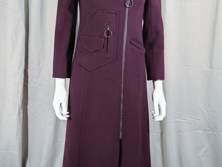 Vintage 60s Mod Overcoat, Zippers Pockets Midi Plum Color Coat, Junior Sizing XS S on Sale