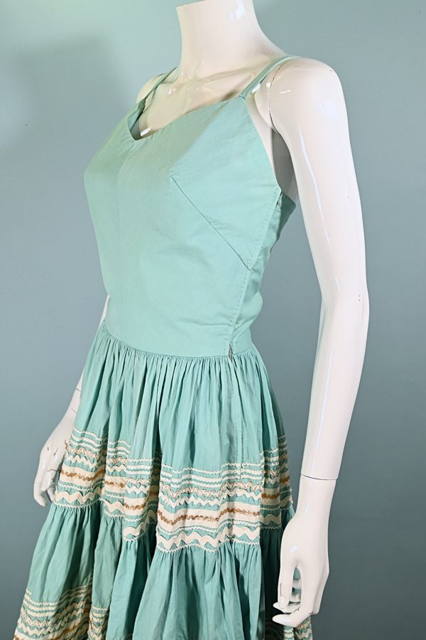 Vintage 50s Aqua Southwestern Patio Dress, Western Rockabilly Dress, Full Sweep Skirt XS For Cheap