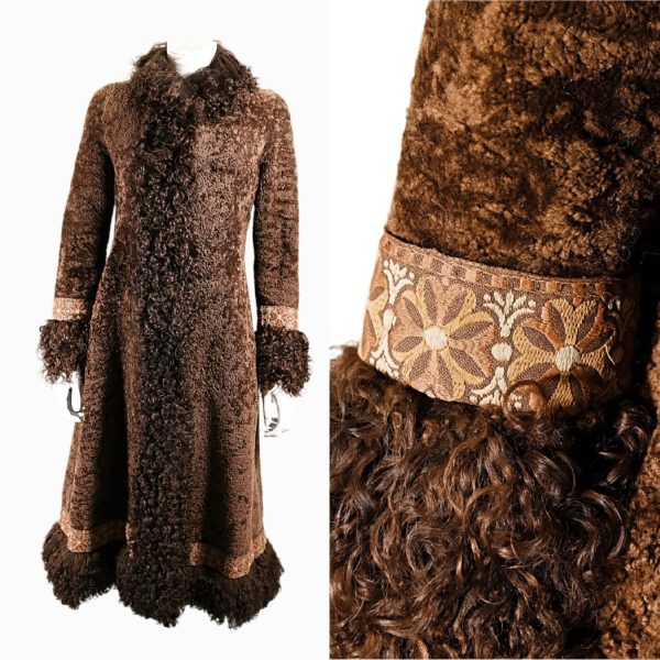 Vintage OOAK Fur Coat, Sheered Lamb Mongolian Curly Lamb & Tapestry Trim, XS Online Sale