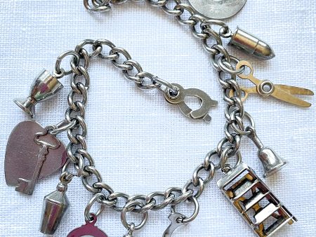 Vintage Silver Tone Charm Bracelet, MCM Costume Jewelry Bracelet 12 Charms For Sale