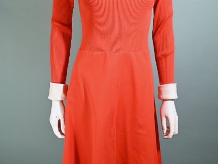 Vintage 60s Orange Mod Dress, 1960s Knit Dress + White Collar Cuffs S M Sale