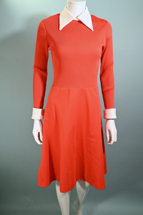 Vintage 60s Orange Mod Dress, 1960s Knit Dress + White Collar Cuffs S M Sale