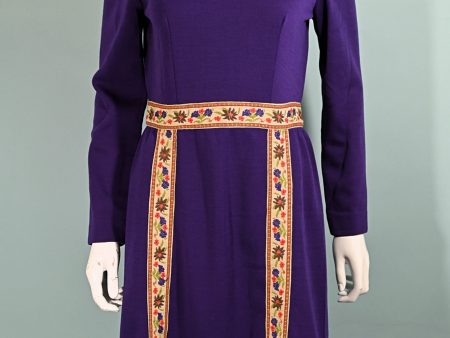 Vintage 60s Purple Hippie Dress, Embroidered Trim, 70s Bohemian Shift Dress M Discount