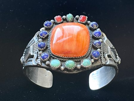 EL Billah Spiny Oyster Native American Bracelet, Sterling Silver Tufa Cast Cuff Bracelet 71.3 G Supply