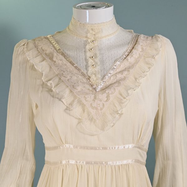 Gunne Sax Cream Gauze & Lace Midi Dress, Cottagecore Prairie Dress S on Sale