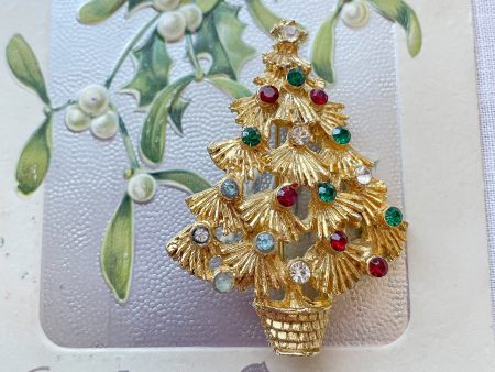 Vintage MCM Christmas Tree Brooch, Gold Tone Costume Jewelry by LJM Discount