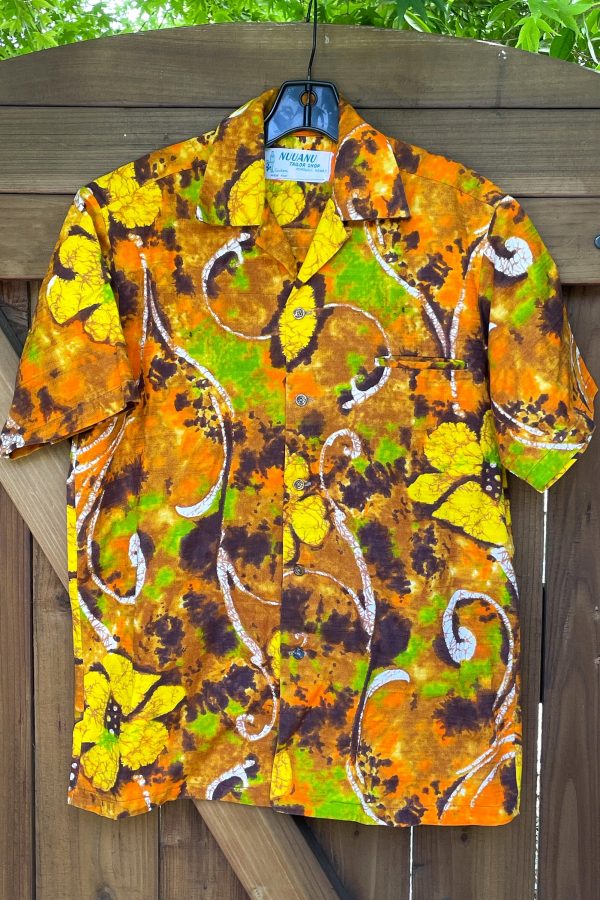 Vintage 70s Batik Hawaiian Shirt, Bright Barkcloth Aloha Shirt, Nuuanu Tailor Shop M Hot on Sale