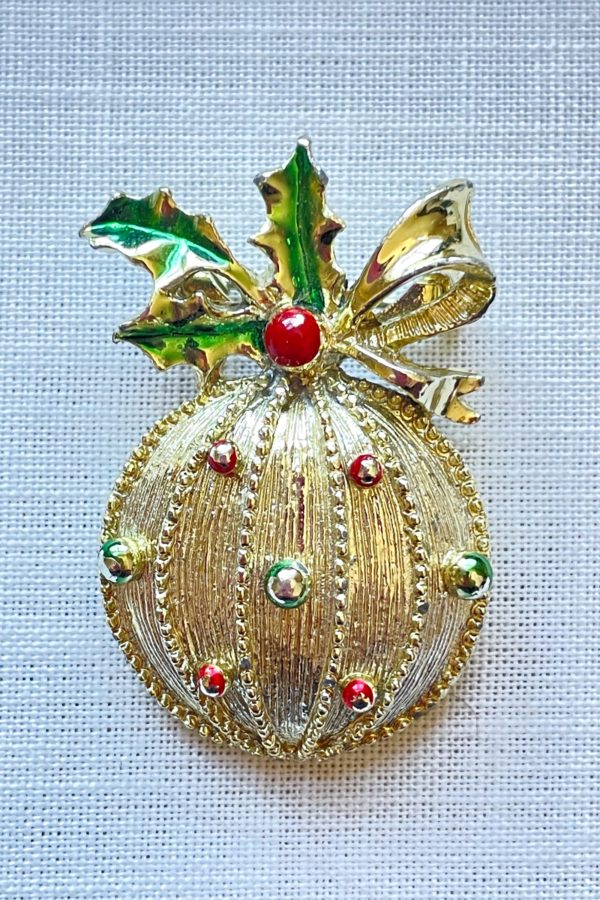 Vintage MCM Christmas Ornament Brooch, Gold Tone Costume Jewelry by Gerrys Fashion