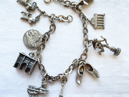 Vintage 50s Silver Charm Bracelet, MCM Travel Theme Paris Rome, 11 Charms Small Scale, 7  For Cheap