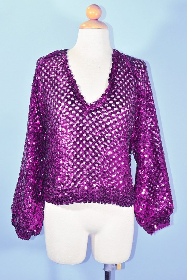 Vintage 70s Magenta Sequin Top, Sparkle Party Top Fashion