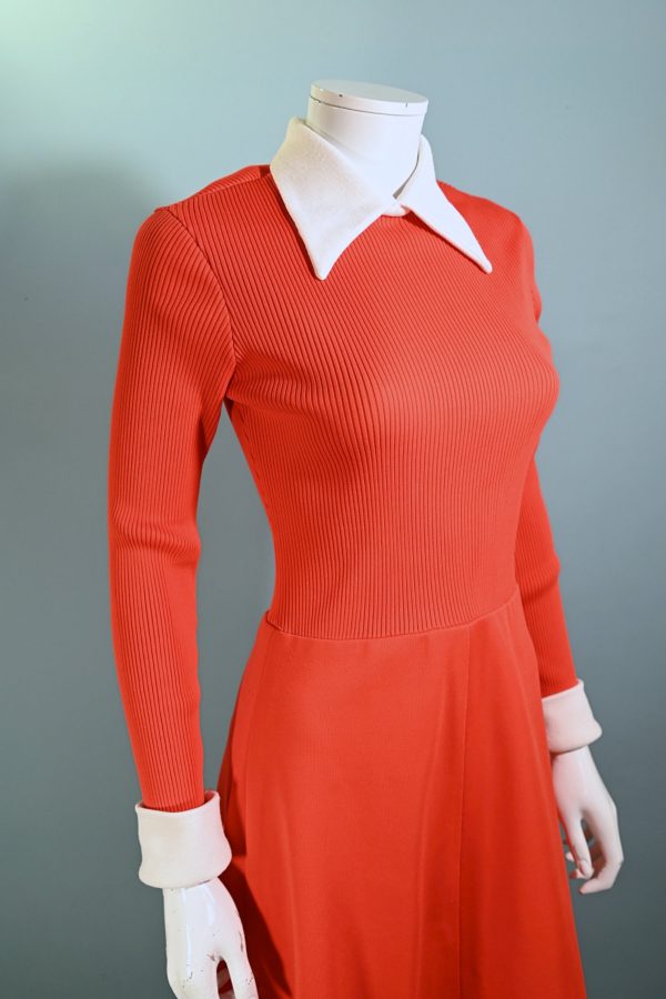 Vintage 60s Orange Mod Dress, 1960s Knit Dress + White Collar Cuffs S M Sale