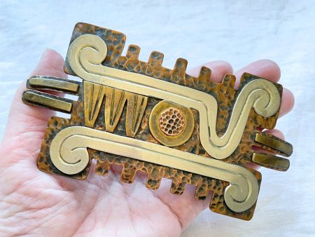 Vintage Maya Mexico Belt Buckle, Hammered Copper Mixed Metal Buckle Fashion