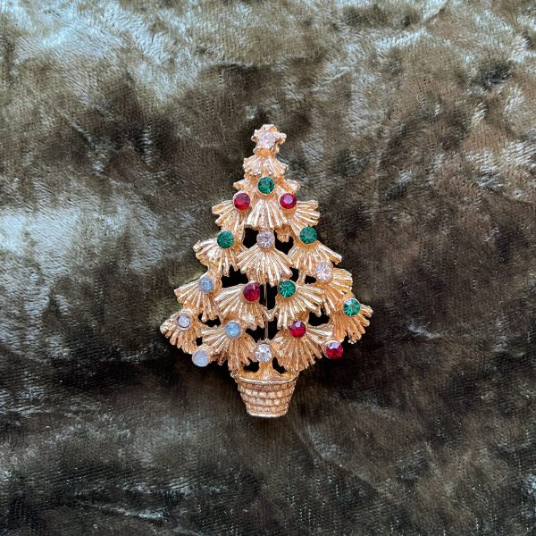 Vintage MCM Christmas Tree Brooch, Gold Tone Costume Jewelry by LJM Discount