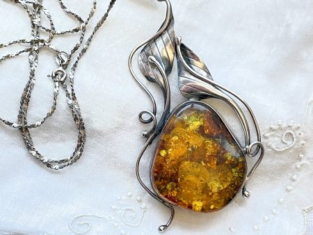 Vintage Baltic Amber Sterling Silver Pendant Necklace, Art Nouveau Style Calla Lilly Flowers Online Hot Sale