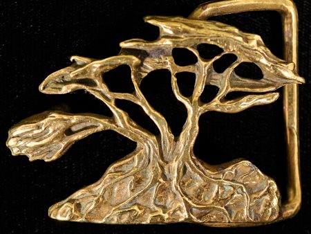 Vintage 70s Solid Brass Brutalist Belt Buckle, Acacia Tree of Life, Signed Omega Sale