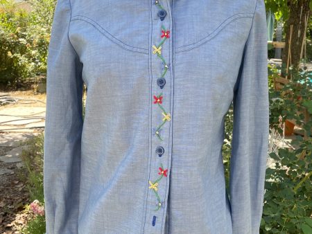 Vintage 60s 70s Hand Embroidered Chambray Blouse, Hippie Cottagecore Top S on Sale