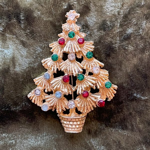 Vintage MCM Christmas Tree Brooch, Gold Tone Costume Jewelry by LJM Discount